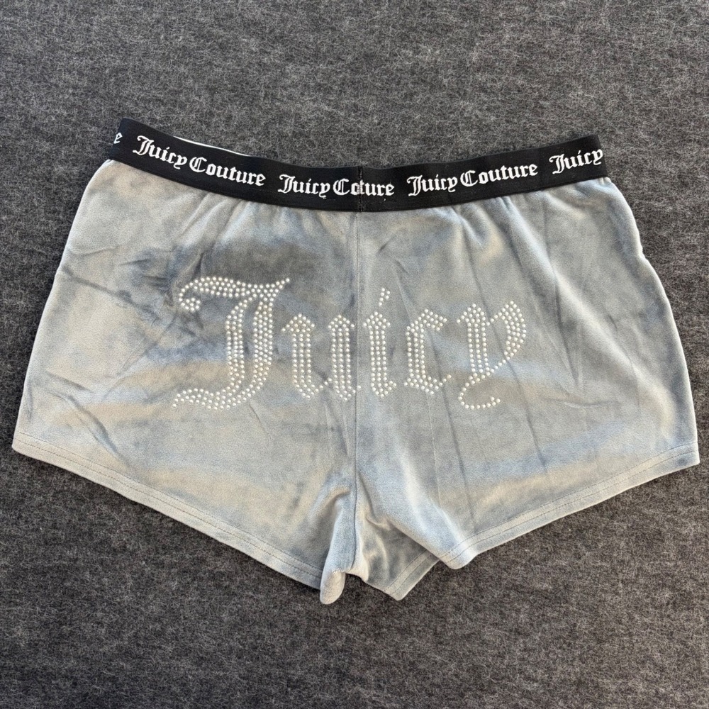 Juicy Couture Y2K Velour Sleep Shorts Grey Rhinestone Logo Waistband Medium